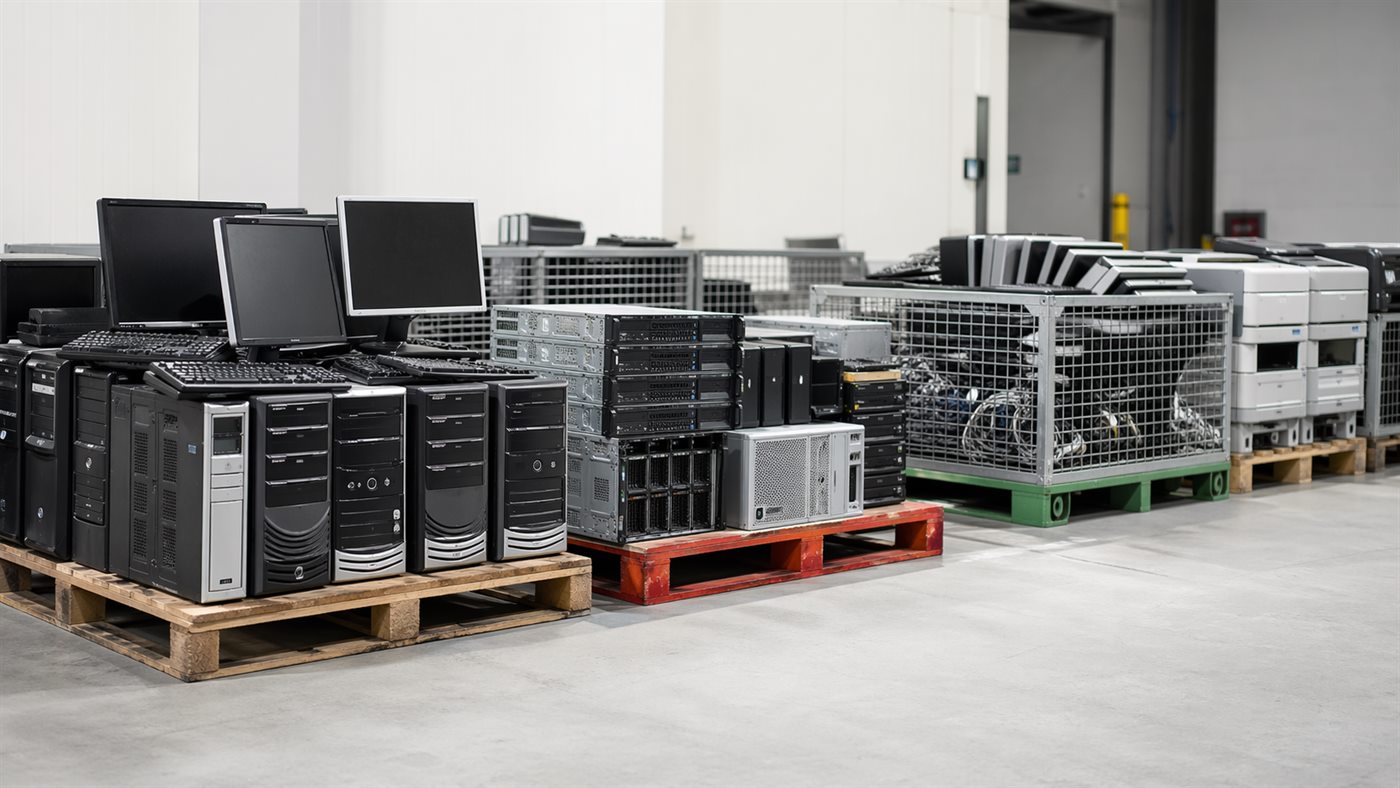 Residuos informáticos de empresa organizados para recogida RAEE